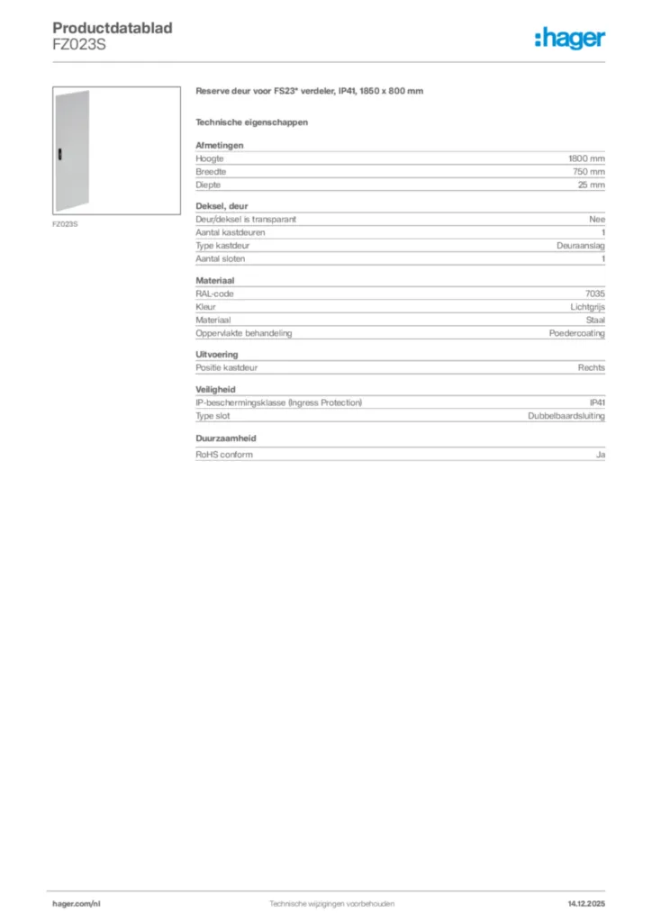 Afbeelding Hager Productdatablad FZ023S | Hager Nederland