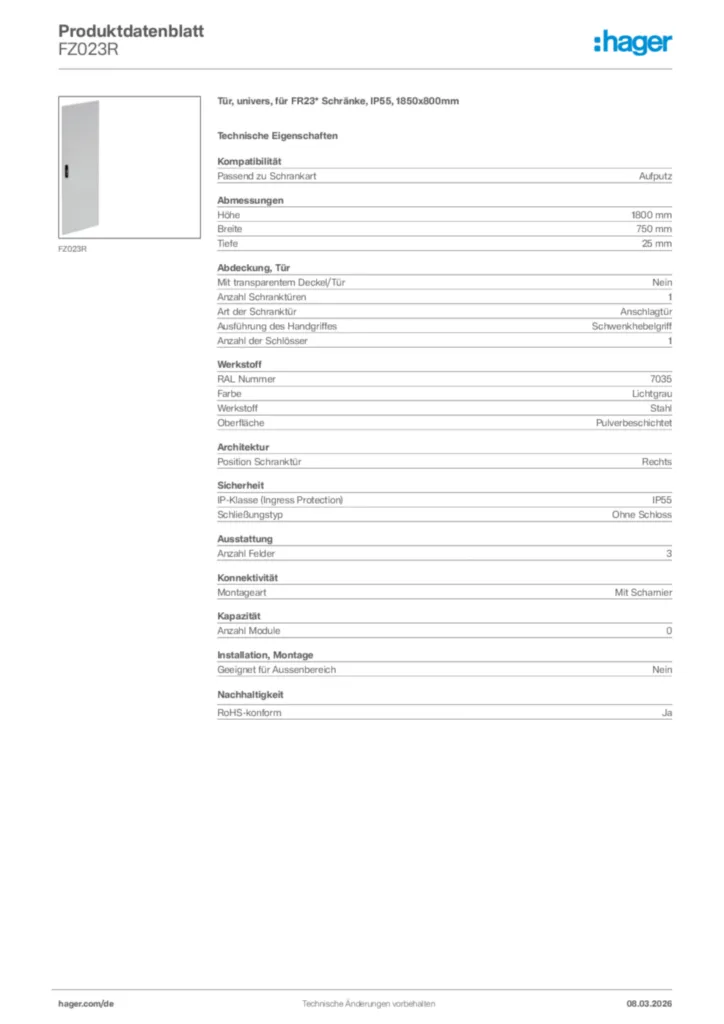 Bild Hager Produktdatenblatt FZ023R | Hager Deutschland