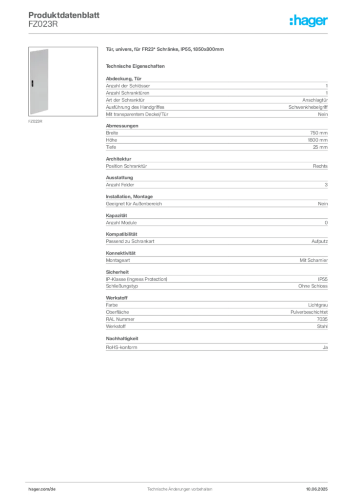 Hager Produktdatenblatt FZ023R