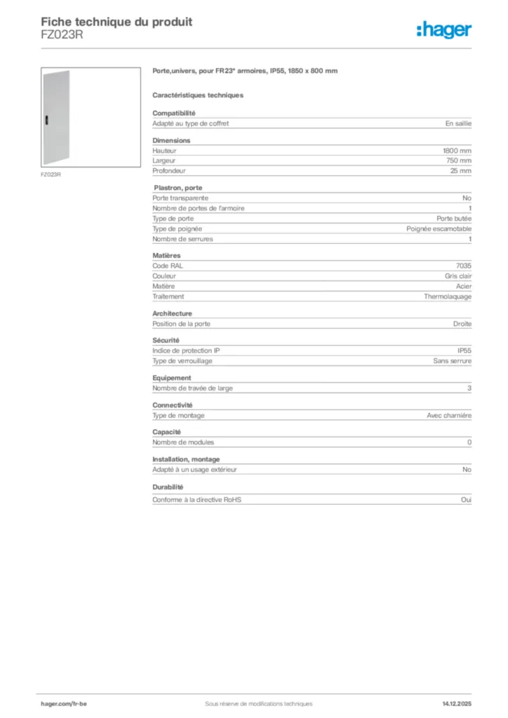 Image Hager Fiche technique du produit FZ023R | Hager Belgique