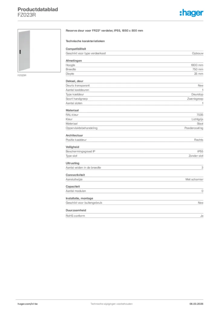 Afbeelding Hager Productdatablad FZ023R | Hager Belgium