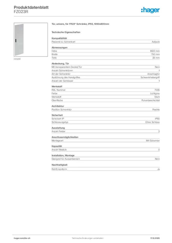 Bild Hager Produktdatenblatt FZ023R | Hager Schweiz