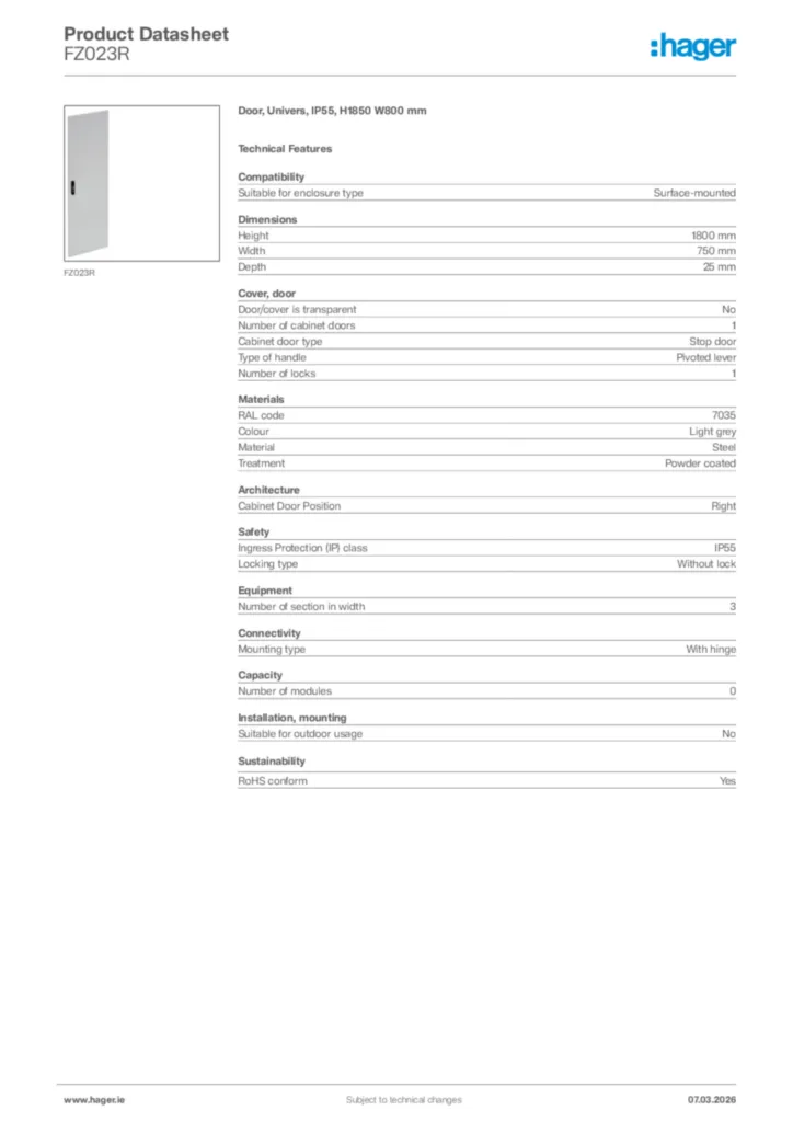 Image Hager Product data sheet FZ023R  | Hager