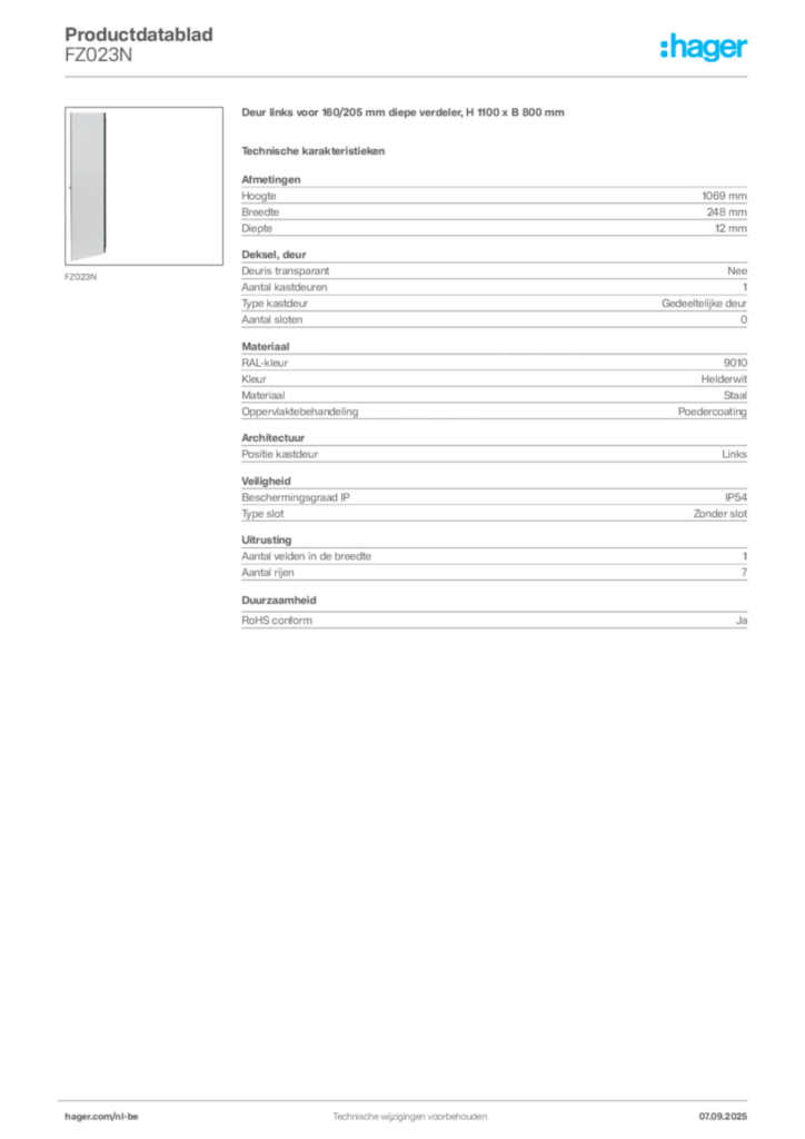 Afbeelding Hager Productdatablad FZ023N | Hager Belgium
