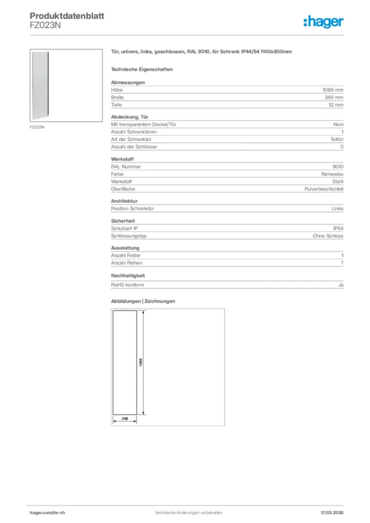 Bild Hager Produktdatenblatt FZ023N | Hager Schweiz