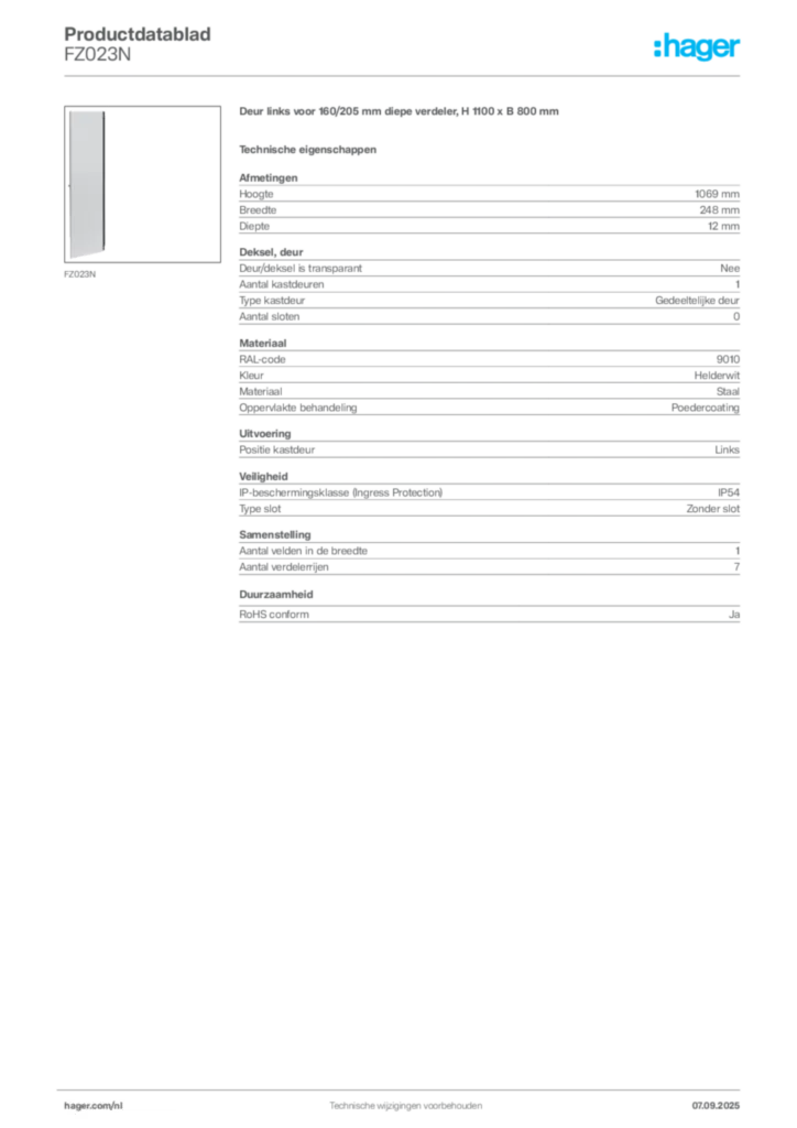Afbeelding Hager Productdatablad FZ023N | Hager Nederland