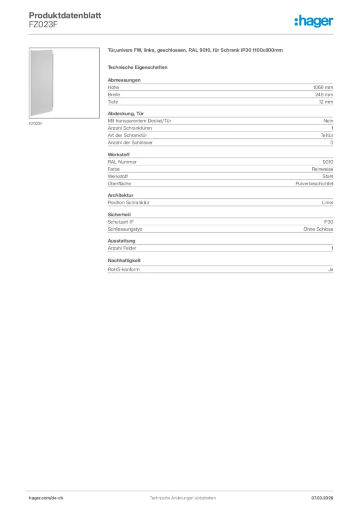 Bild Hager Produktdatenblatt FZ023F | Hager Schweiz