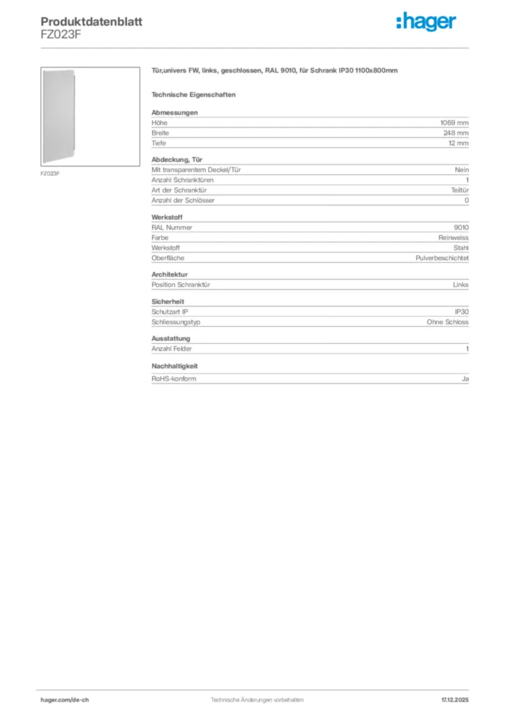 Bild Hager Produktdatenblatt FZ023F | Hager Schweiz