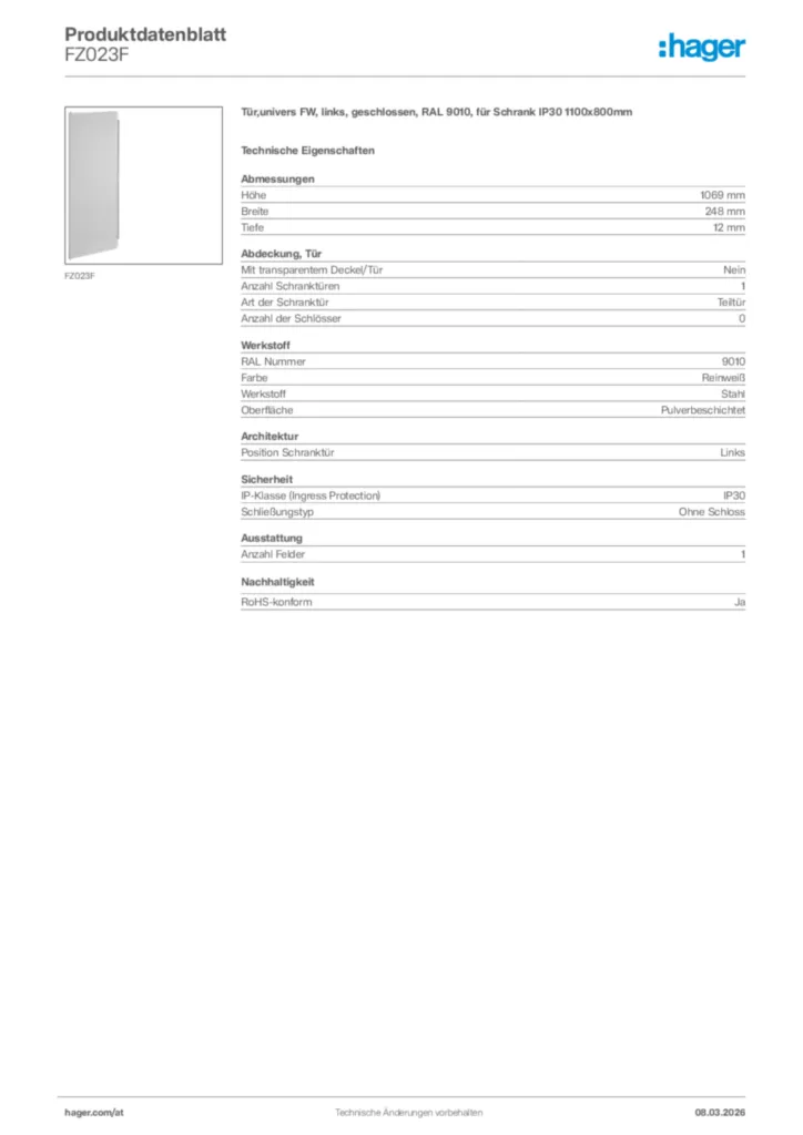 Bild Hager Produktdatenblatt FZ023F | Hager Deutschland