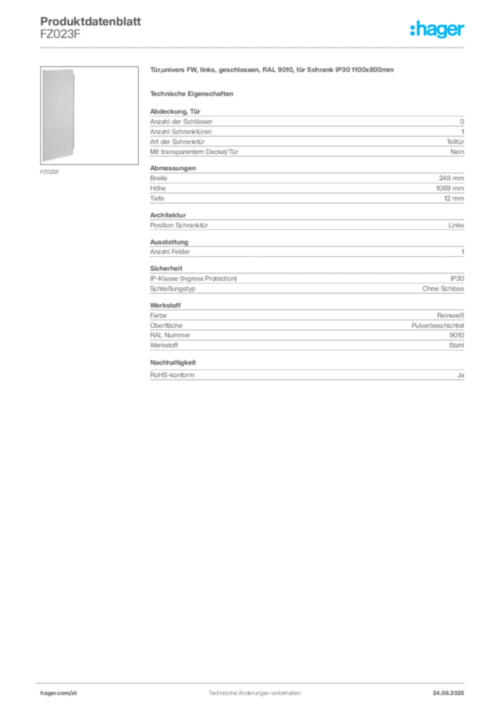 Bild Hager Produktdatenblatt FZ023F | Hager Deutschland