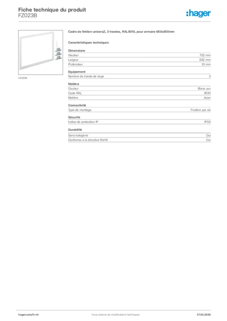 Image Hager Fiche technique du produit FZ023B | Hager Suisse