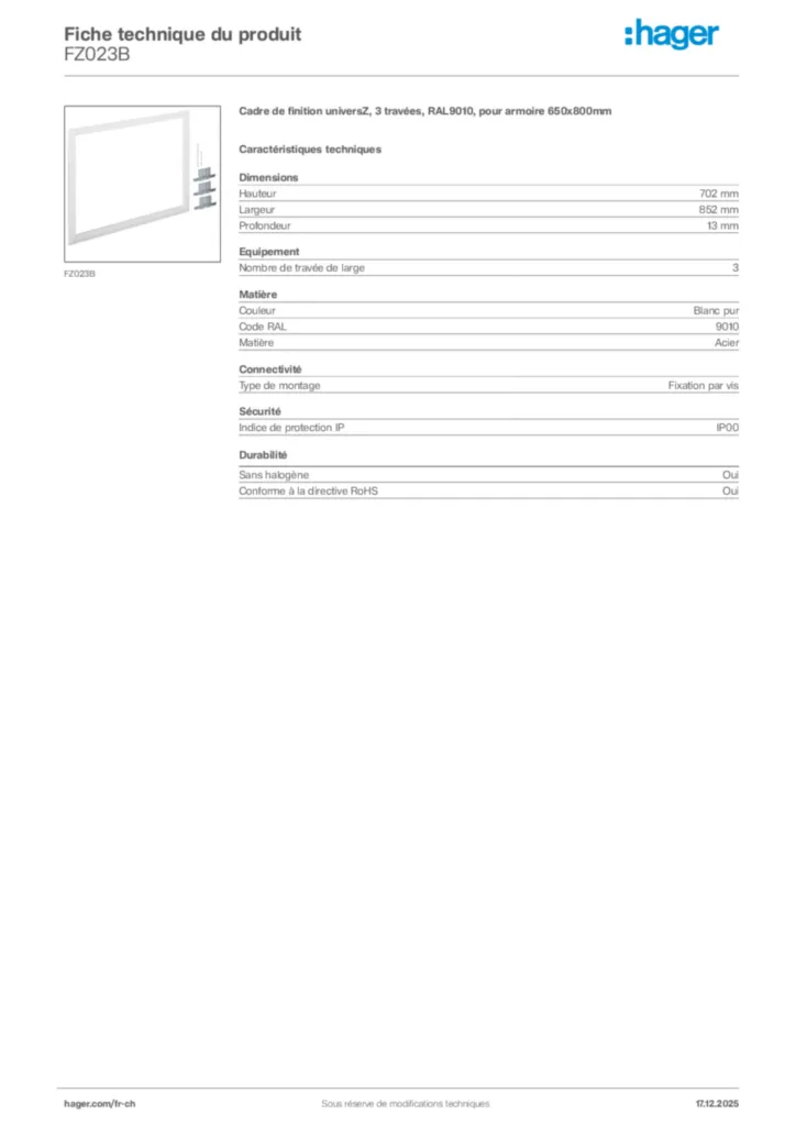 Image Hager Fiche technique du produit FZ023B | Hager Suisse