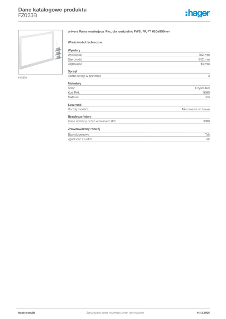 Zdjęcie Hager Karta katalogowa FZ023B | Hager Polska