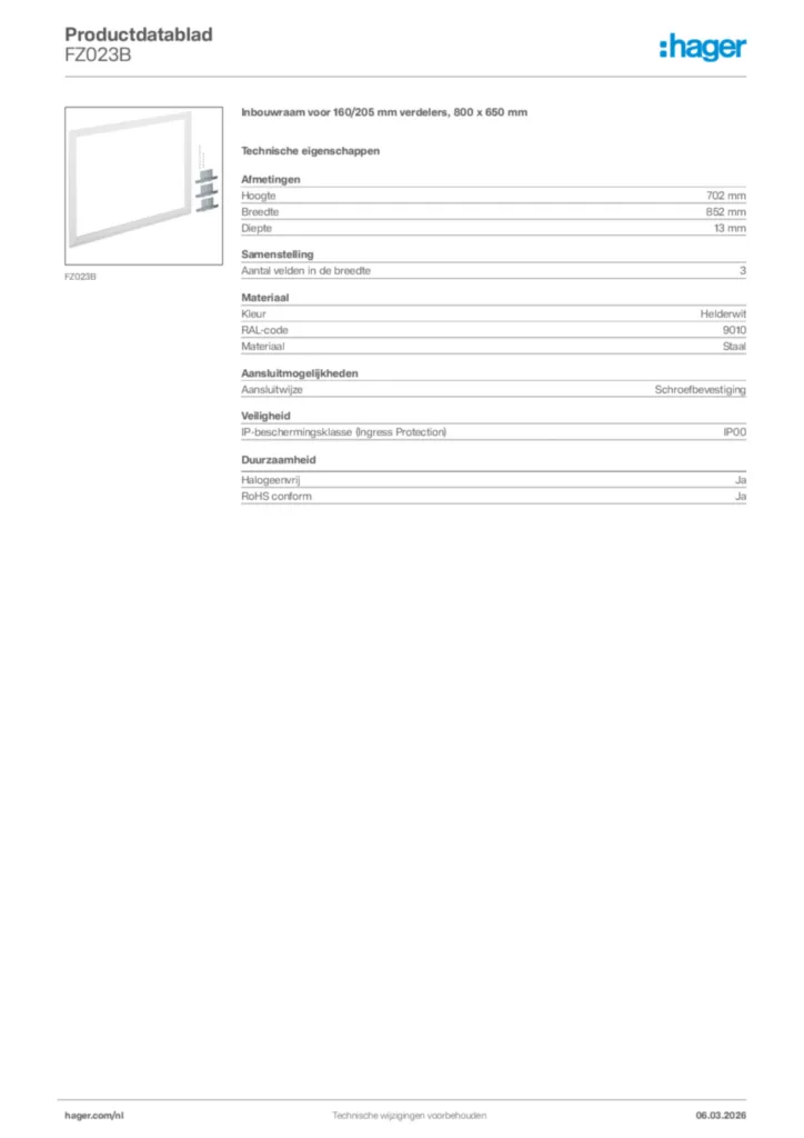 Afbeelding Hager Productdatablad FZ023B | Hager Nederland