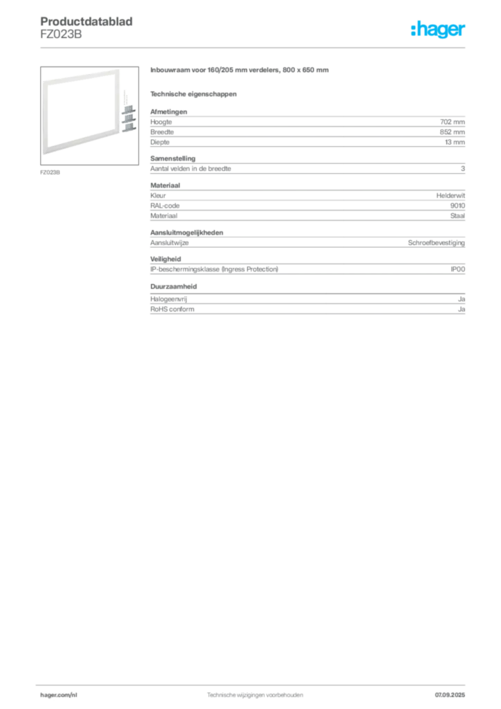 Afbeelding Hager Productdatablad FZ023B | Hager Nederland