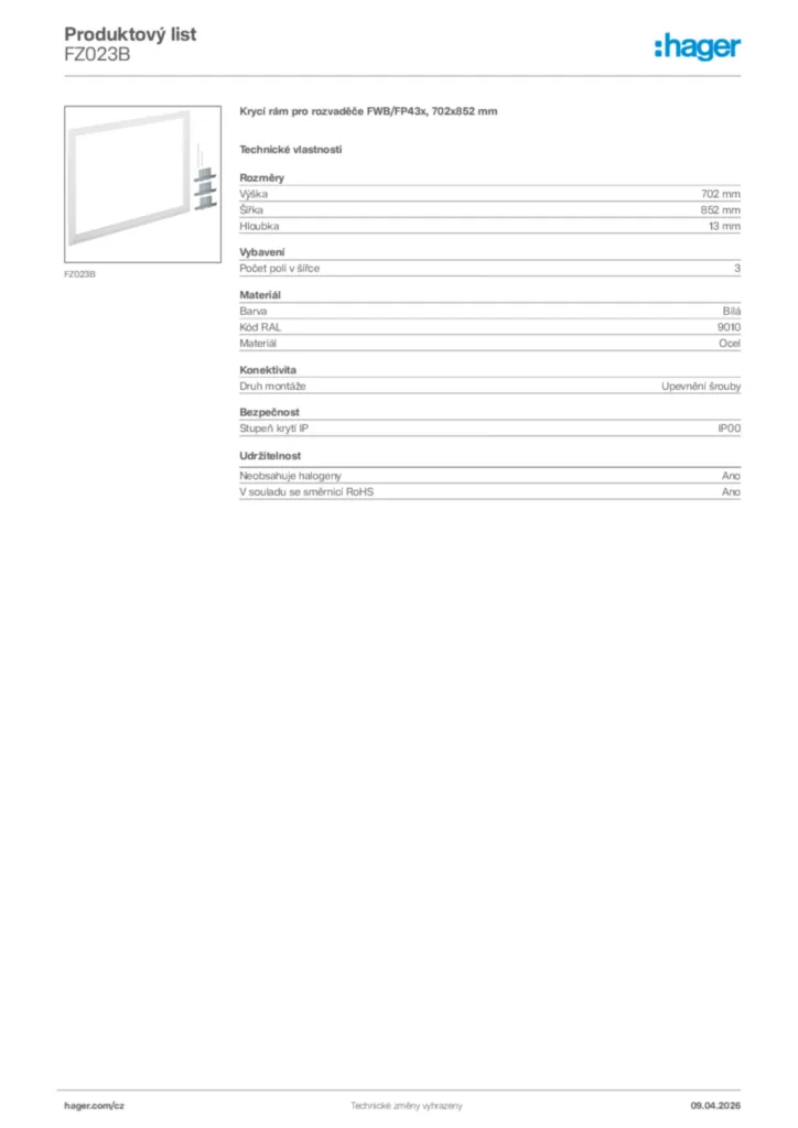 Obrázek Hager Product data sheet FZ023B | Hager