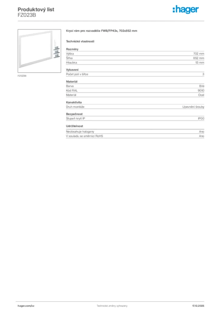 Obrázek Hager Produktový list FZ023B | Hager