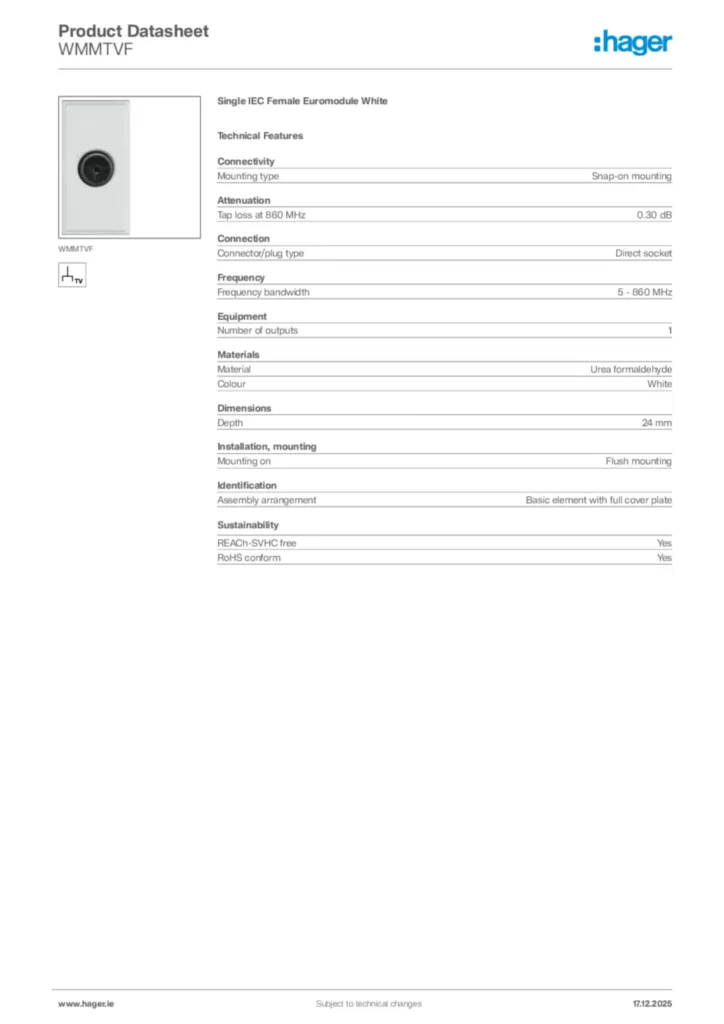 Image Hager Product data sheet WMMTVF  | Hager