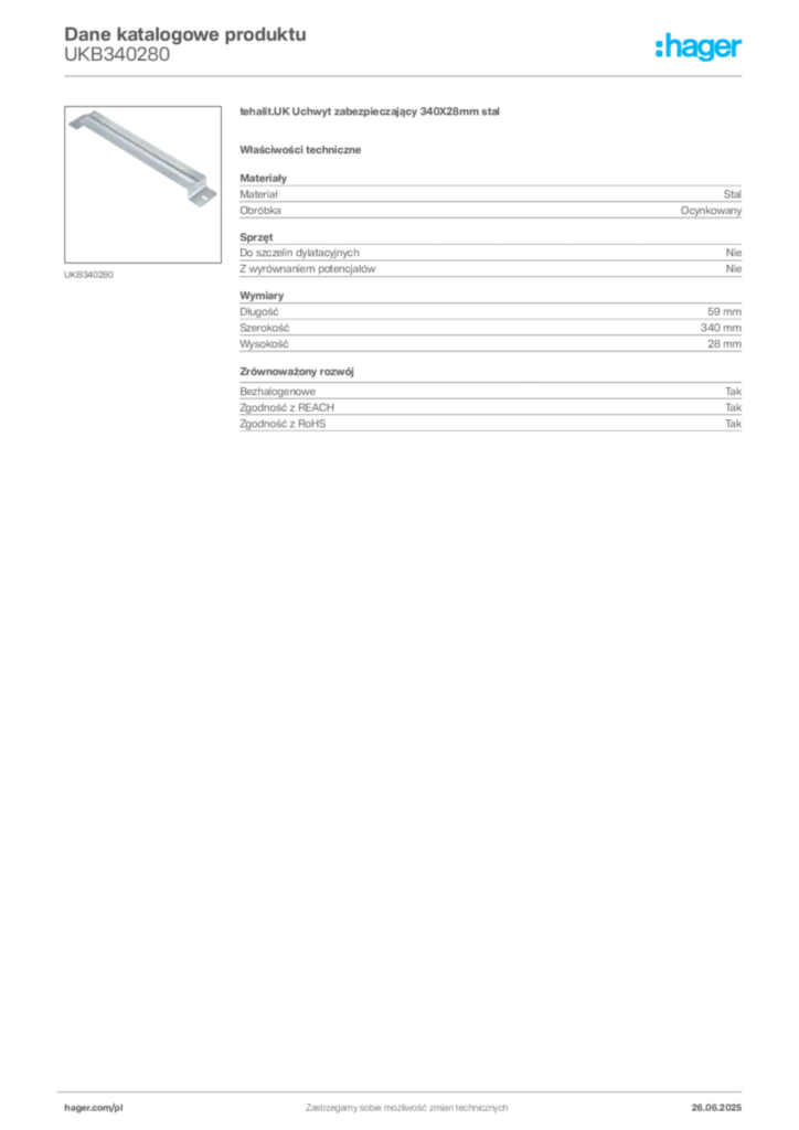 Zdjęcie Hager Karta katalogowa UKB340280 | Hager Polska
