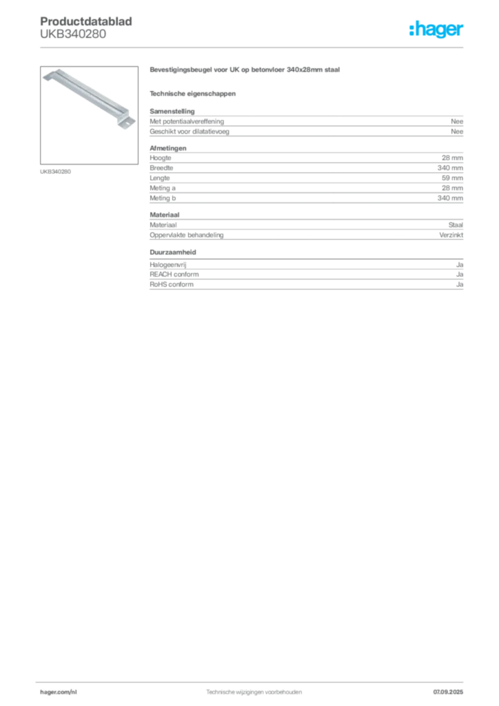 Afbeelding Hager Productdatablad UKB340280 | Hager Nederland