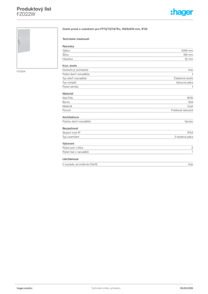 Obrázek Hager Produktový list FZ022W | Hager