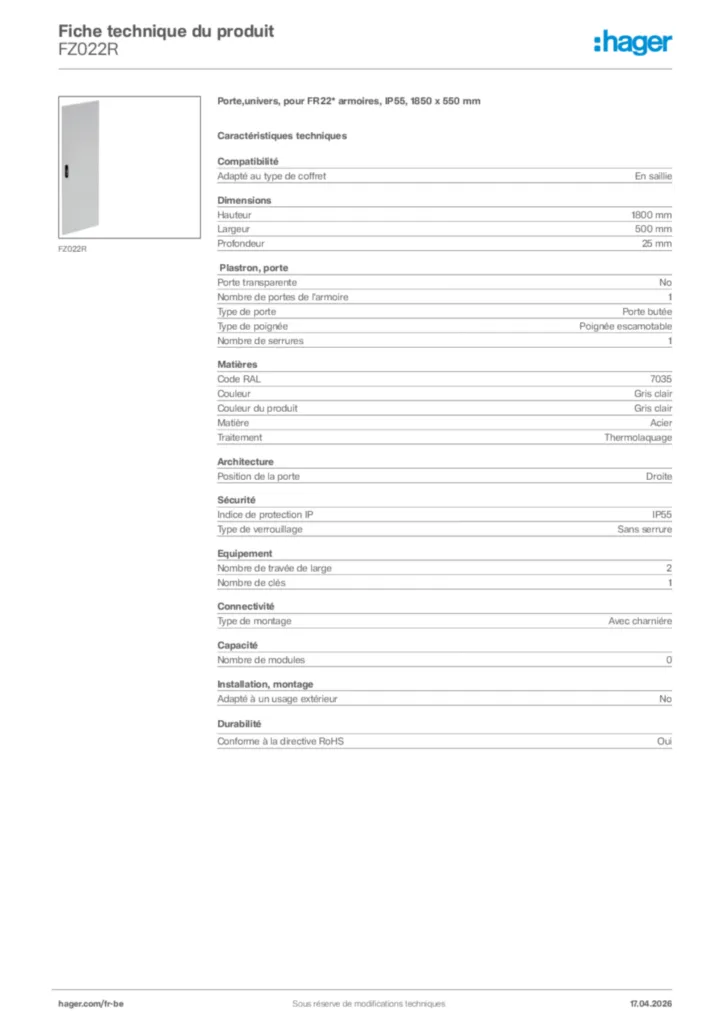 Image Hager Fiche technique du produit FZ022R | Hager Belgique