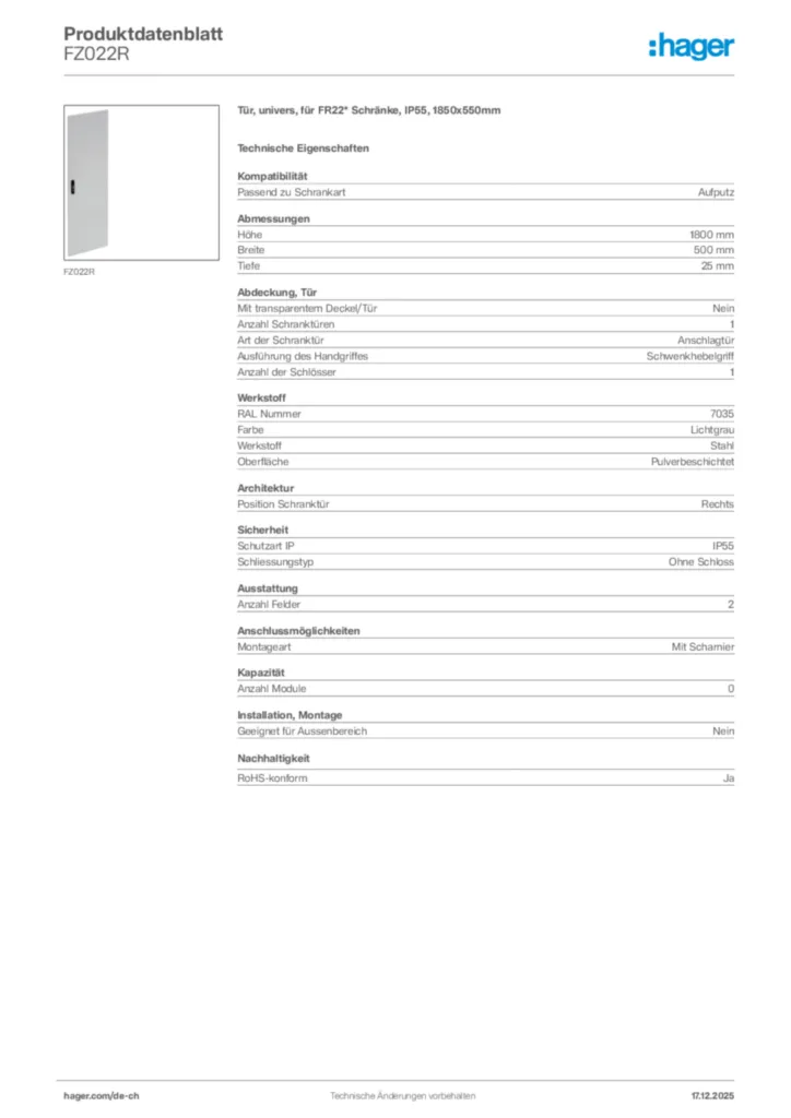 Bild Hager Produktdatenblatt FZ022R | Hager Schweiz