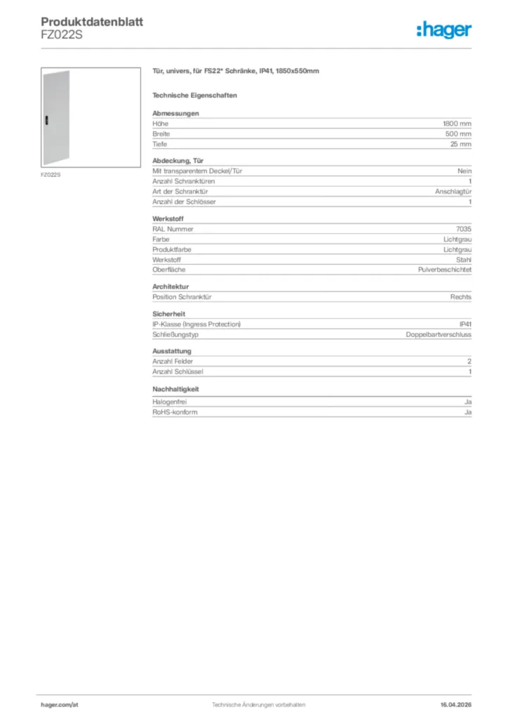 Bild Hager Produktdatenblatt FZ022S | Hager Deutschland