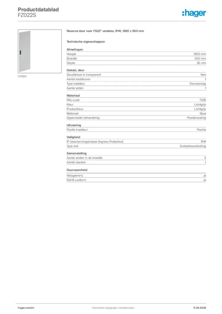 Afbeelding Hager Productdatablad FZ022S | Hager Nederland