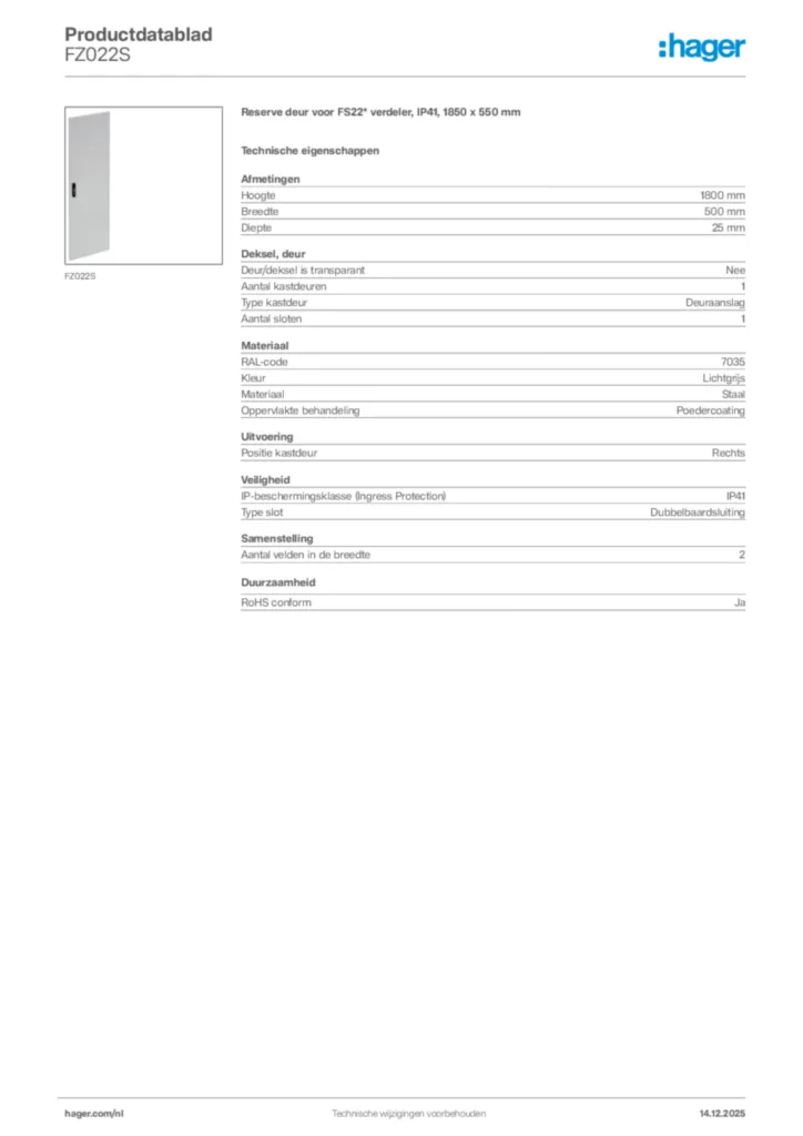 Afbeelding Hager Productdatablad FZ022S | Hager Nederland