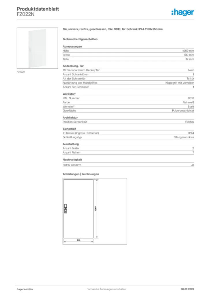 Bild Hager Produktdatenblatt FZ022N | Hager Deutschland