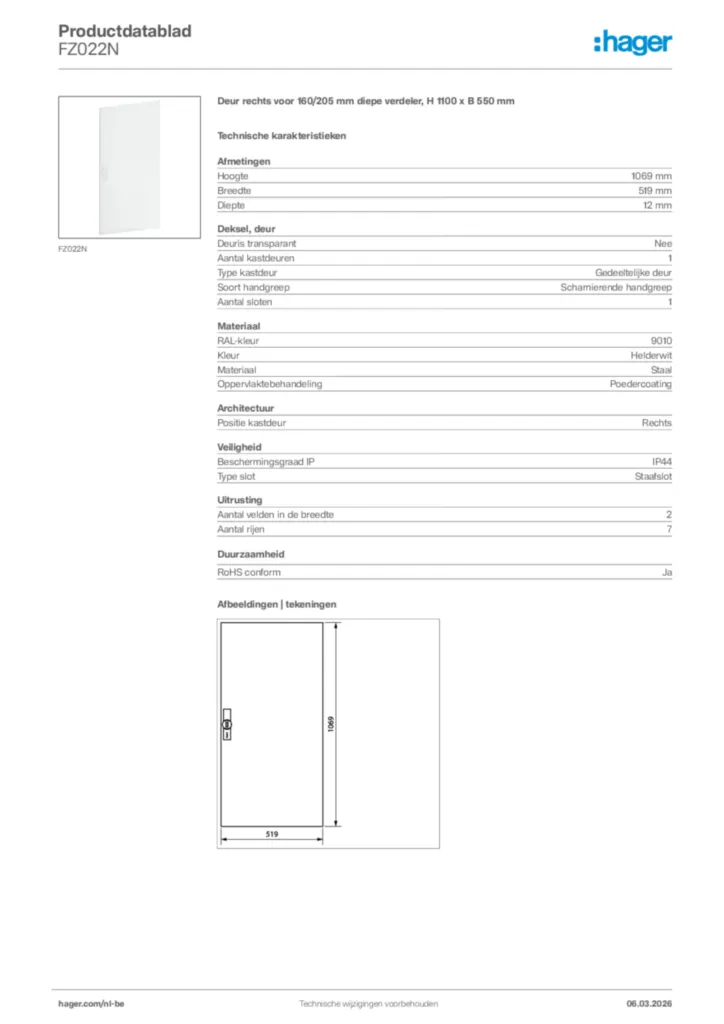 Afbeelding Hager Productdatablad FZ022N | Hager Belgium