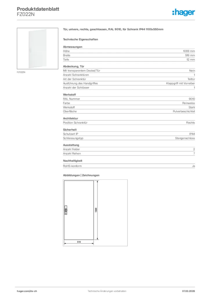 Bild Hager Produktdatenblatt FZ022N | Hager Schweiz