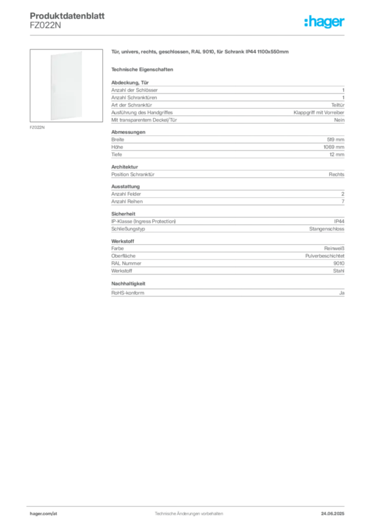 Bild Hager Produktdatenblatt FZ022N | Hager Deutschland