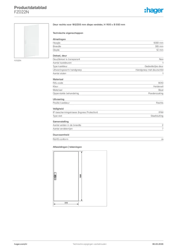 Afbeelding Hager Productdatablad FZ022N | Hager Nederland