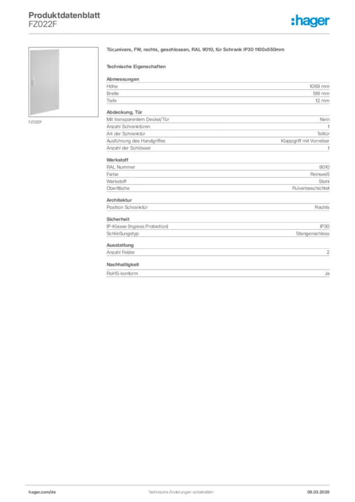 Bild Hager Produktdatenblatt FZ022F | Hager Deutschland