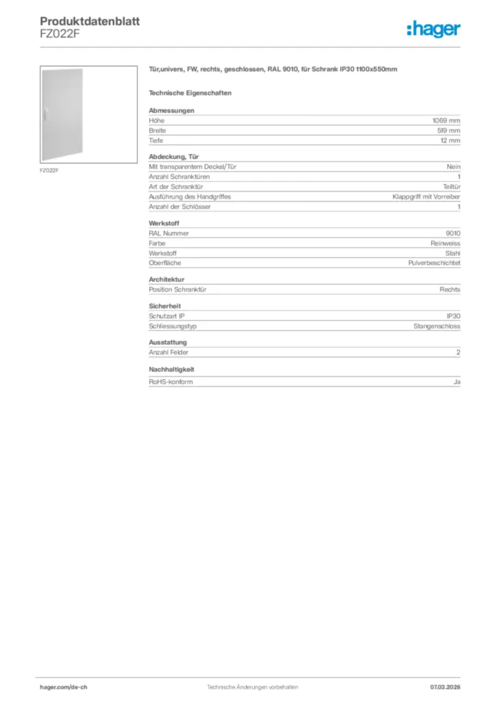 Bild Hager Produktdatenblatt FZ022F | Hager Schweiz