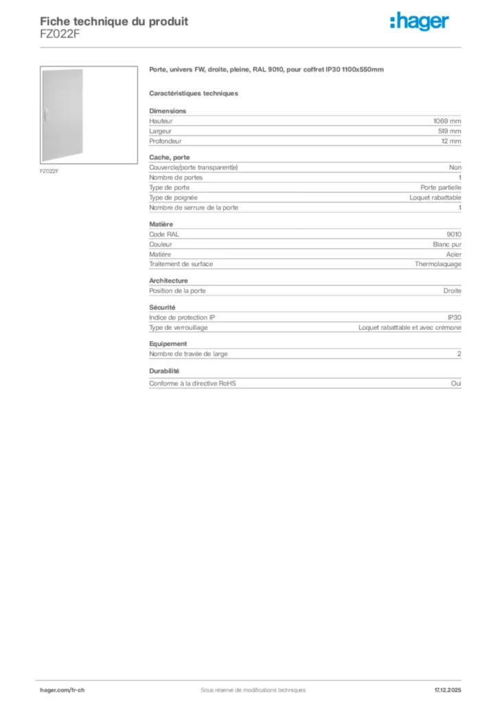 Image Hager Fiche technique du produit FZ022F | Hager Suisse