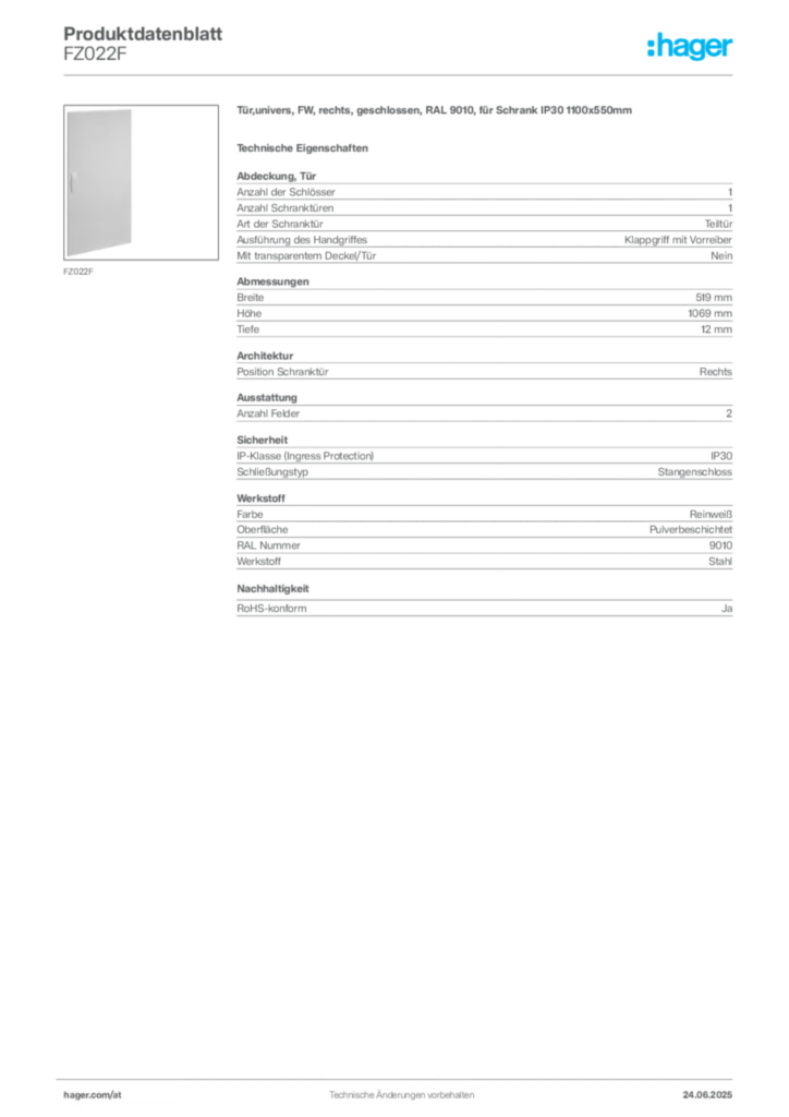 Bild Hager Produktdatenblatt FZ022F | Hager Deutschland