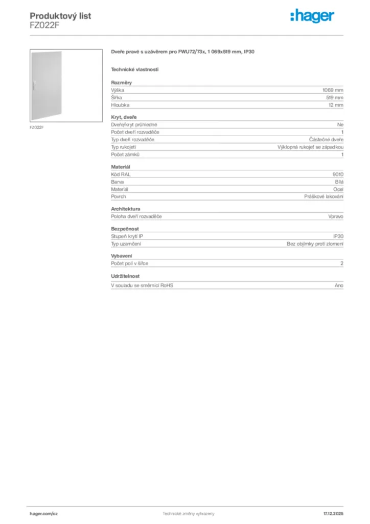 Obrázek Hager Produktový list FZ022F | Hager