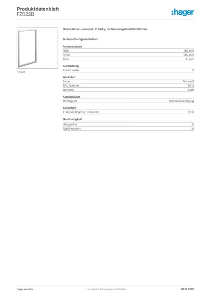 Bild Hager Produktdatenblatt FZ022B | Hager Deutschland