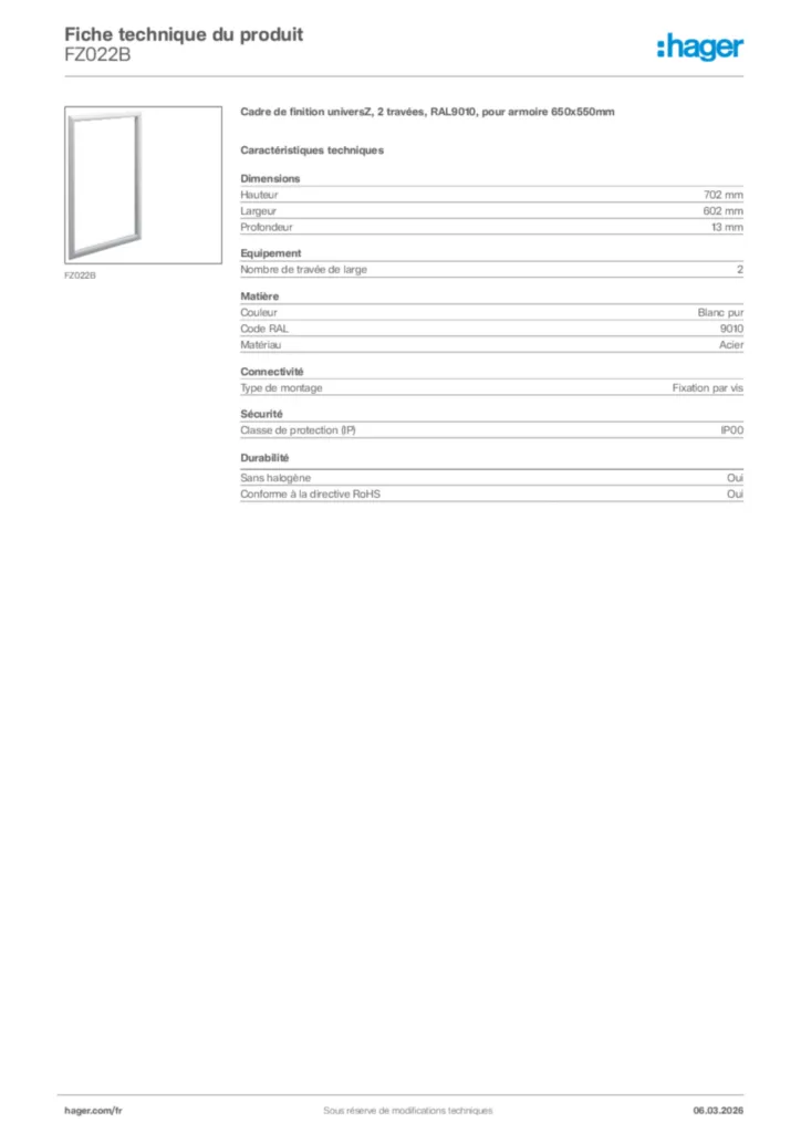 Image Hager Fiche technique du produit FZ022B | Hager France