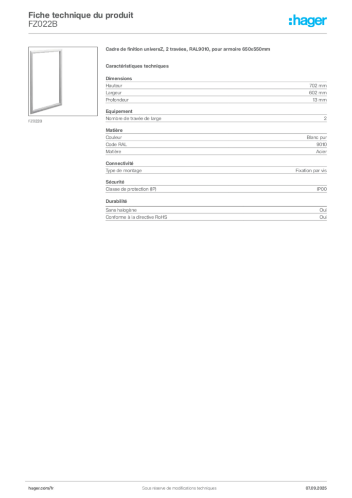 Image Hager Fiche technique du produit FZ022B | Hager France