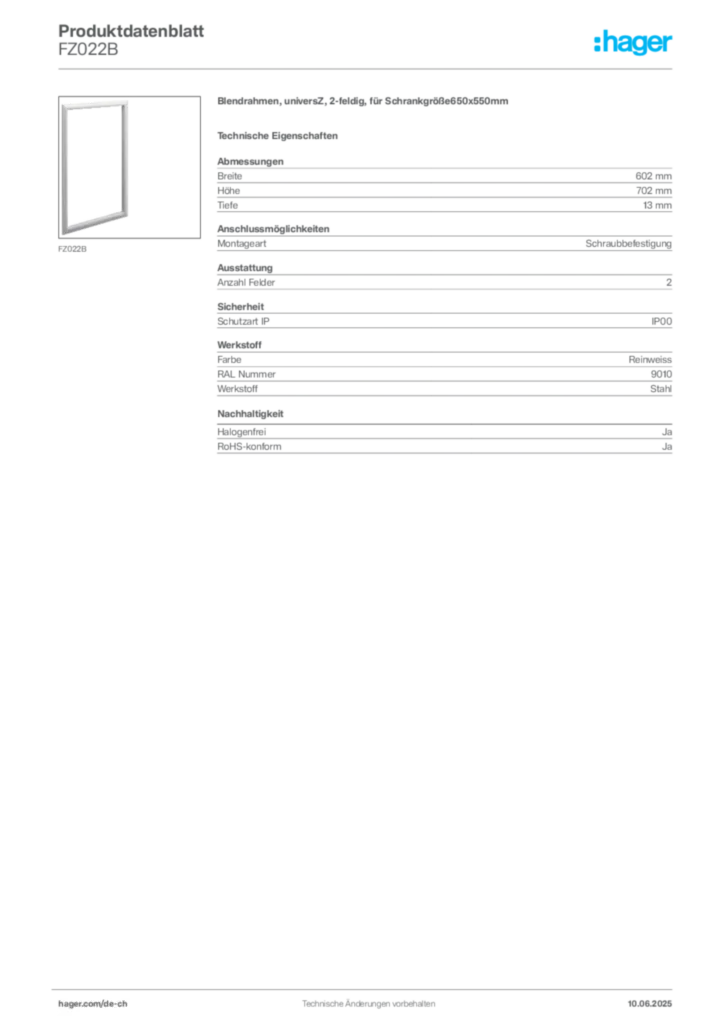 Bild Hager Produktdatenblatt FZ022B | Hager Schweiz