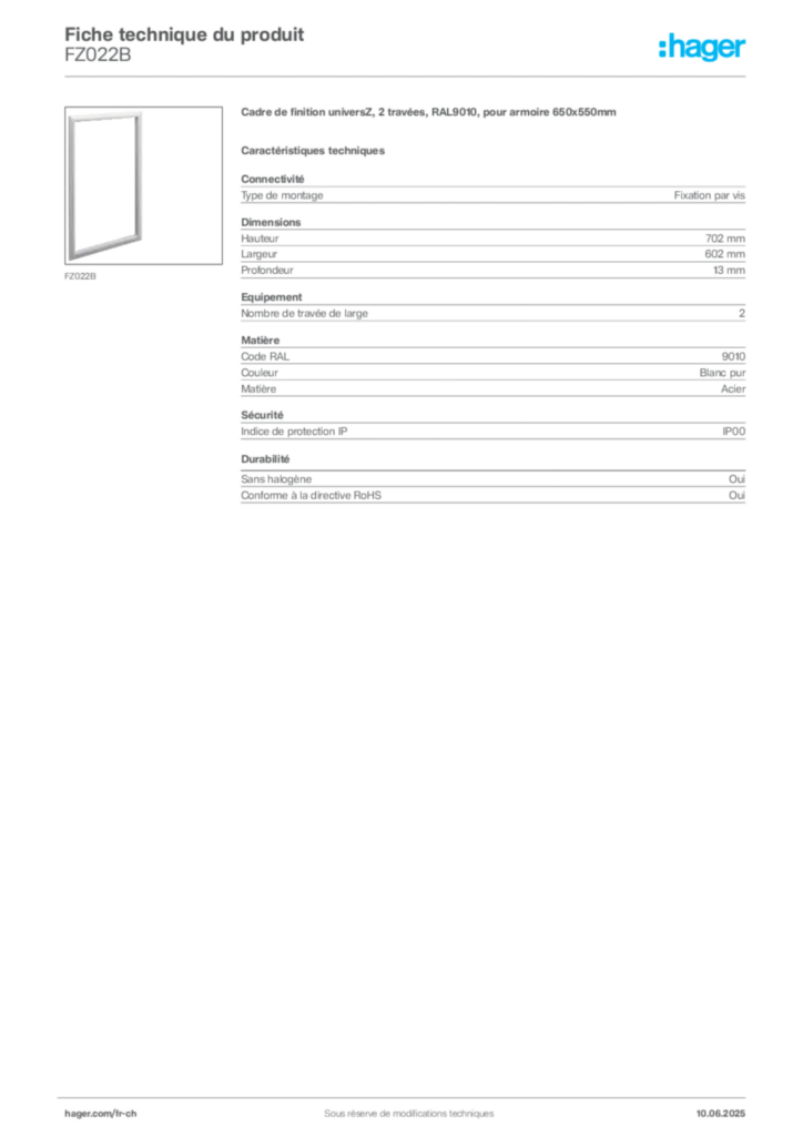 Image Hager Fiche technique du produit FZ022B | Hager Suisse