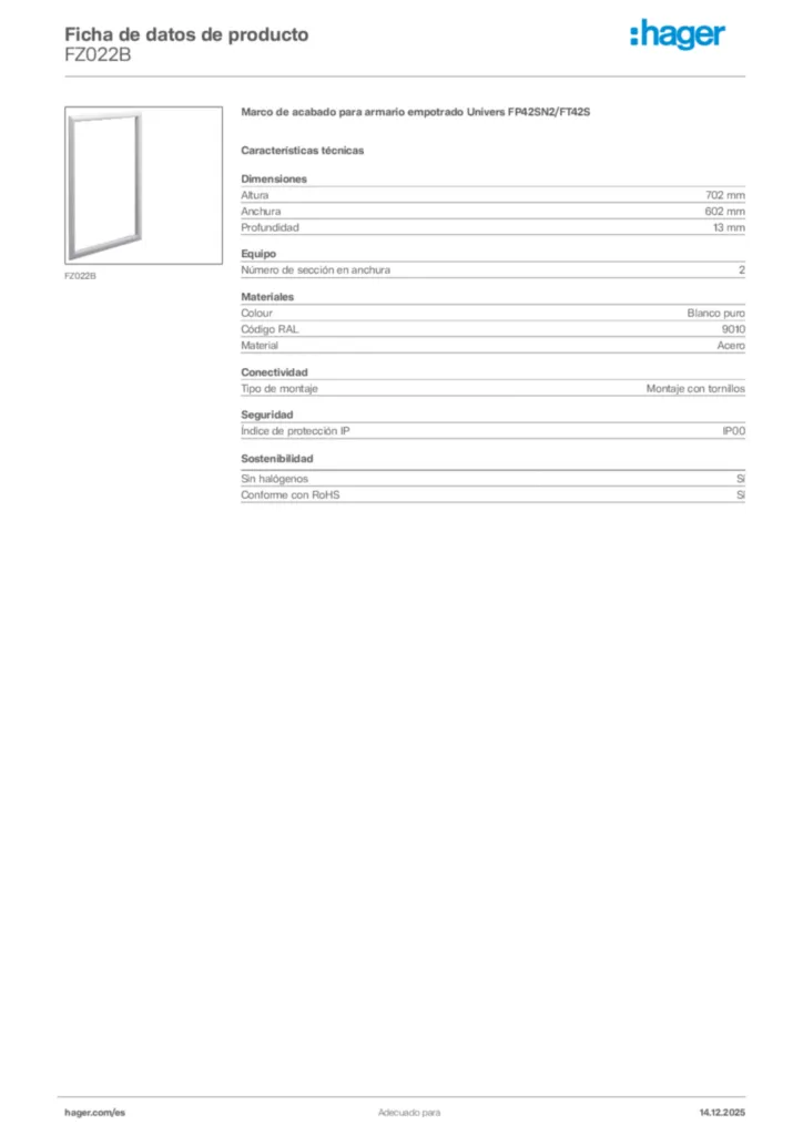 Imagen Hager Ficha de datos de producto FZ022B | Hager España