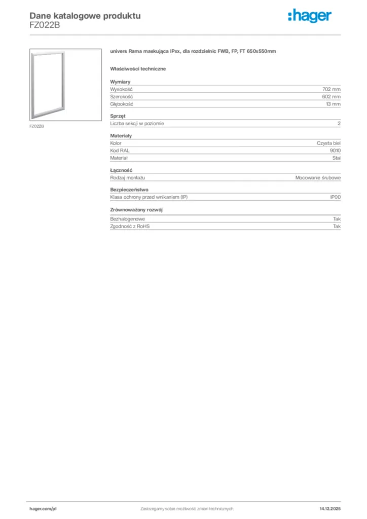 Zdjęcie Hager Karta katalogowa FZ022B | Hager Polska