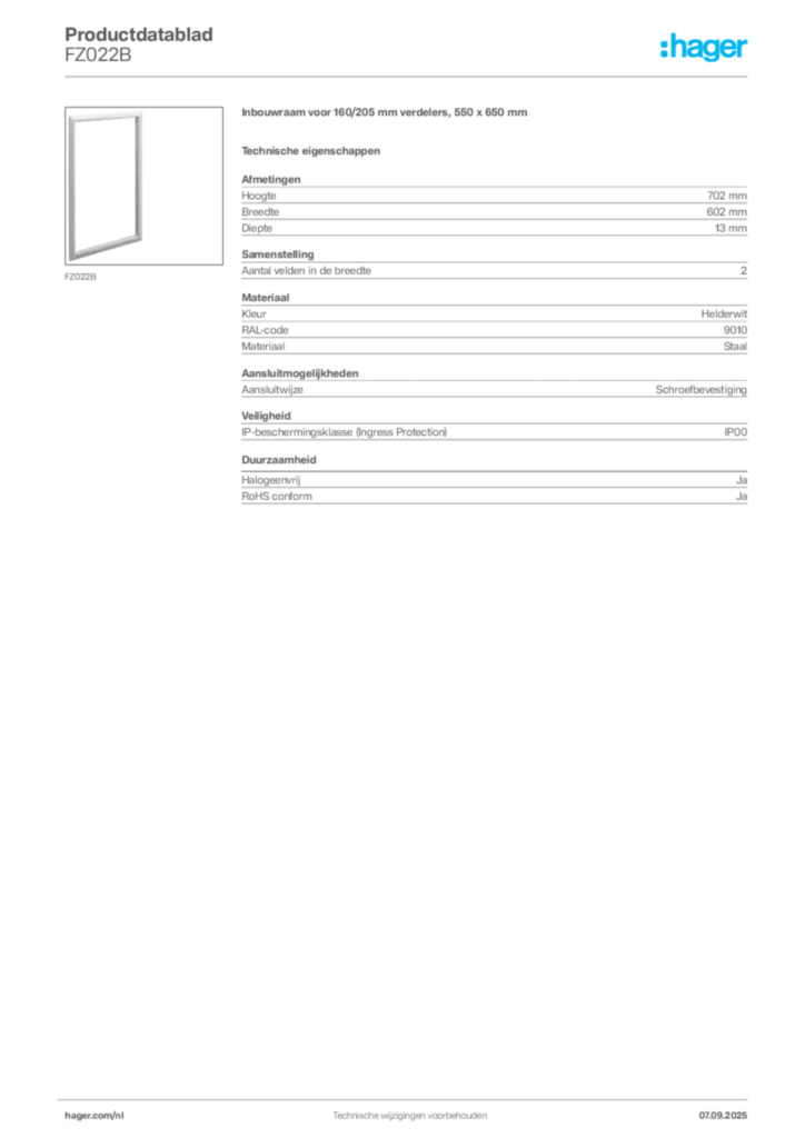 Afbeelding Hager Productdatablad FZ022B | Hager Nederland