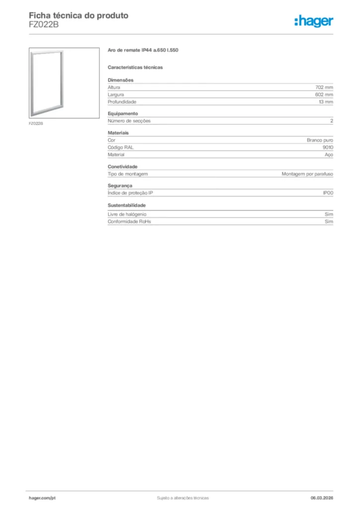 Imagem Hager Ficha técnica do produto FZ022B | Hager Portugal