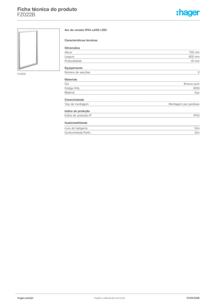 Imagem Hager Ficha técnica do produto FZ022B | Hager Portugal